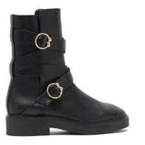 Stuart Weitzman Black Leather Moto Boots with Gold Accents Size 11